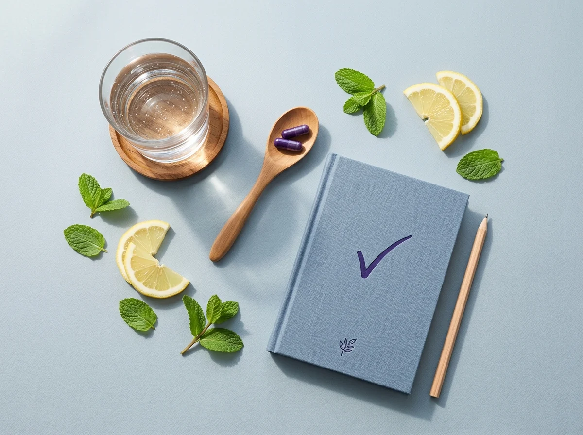 Dagelijkse routine supplement capsules glas water verse ingrediënten checklist